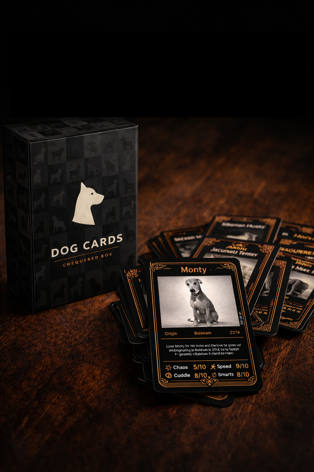 Chequered Box Dog Cards pack and cards